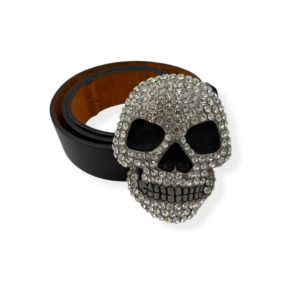 Studded‎ Skull Black Genuine Leather Belt Rock Rhinestones Men's Size 34-36